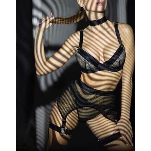 Women Lingerie Set 3 Piece Black Underwear Suit See Through Lenceria Para Mujer Transparent Bra and Panties Set with Garter Belt