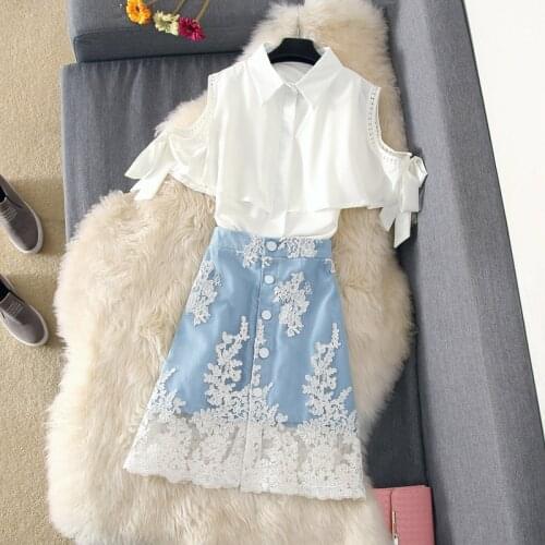 Lace Patchwork Denim Skirt 2 Piece Set Women Off Shoulder Chiffon Blouse Shirt Denim Skirt Suit Casual Student Girls Suit