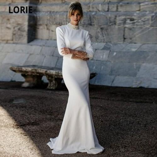 LORIE Stretchy Wedding Dresses Beaded High Neck Long Sleeves White ivory Cut Out Back Mermaid Wedding Gown Bridal Dress 2021