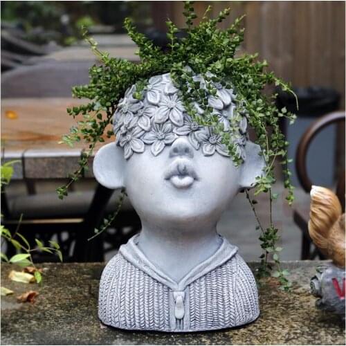 Outdoor Garden Cute Pouting Boy Cement Flower Pots Statue Green Planter Portraits Home Courtyard Vase Ornament Decoration Crafts