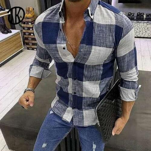 Fashion Plaid Print Lapel Spring T-shirt Long-sleeved Casual Single-breasted Button Polo T Shirt Mens Oversized Streetwear Tops