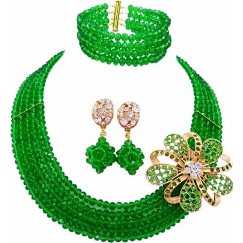 Fashion Green Nigerian Wedding African Beads Jewelry Set Crystal Bridal Party Jewelry Sets for Women Girls 5L-DS007