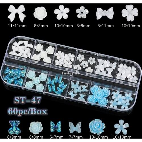 1 Box Mix 12 Shapes Fresh Butterfly Bowknots White Flowers Pearls Ornaments Arylic Nail Art Rhinestone Decals Manicure DIY Tips