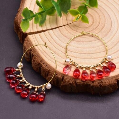 Natural Red Crystal Statement Hoop Earrings For Women Party Original Design Handmade Luxury Jewelry Fresgwater Pearls Earrings