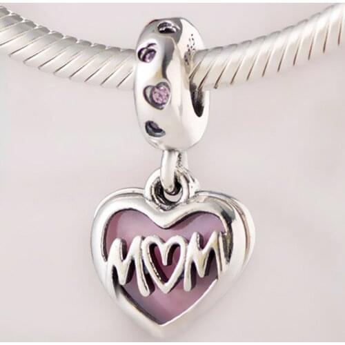 Original Pink Enamel Mom Script Heart With I Love You Pendant Beads Fit 925 Sterling Silver Charm Bracelet Diy Jewelry