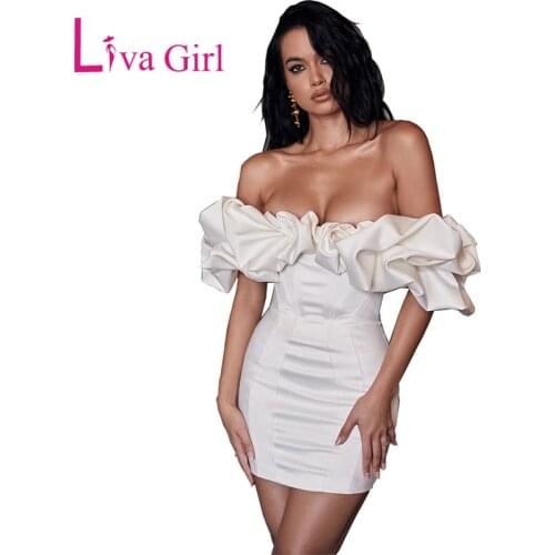 LIVA GIRL Gorgeous Ruffled Sleeve Party Dress Women White Sexy Backless Short Summer Dresses Bodycon Female Strapless Mini Dress