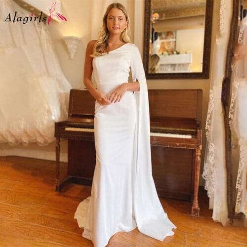 Simple Satin Bride Dress One Shoulder Vintage Wedding Dress Cape Sleeve White Bridal Dress 2020 Elegant Gowns