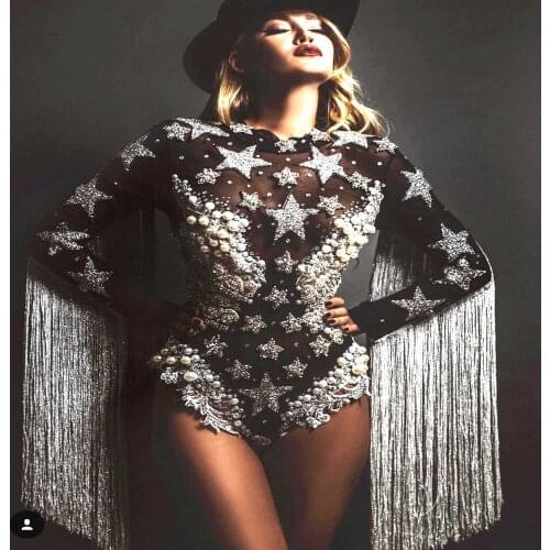 Gray Tassel Crystals Stars Bodysuit Women Stage Dance fringes Leotard Nightclub Party Female Singer Costume Celebrate Outfit