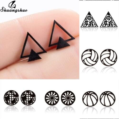 Shuangshuo Mini Stainless Steel Geometric Earrings for Women Men Black Triangle Round Hollow Circle Earings Piercing Jewelry