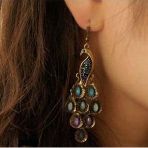 Korean Fashion Creative Bohemian Ethnic Style Exaggerated Retro Peacock Earrings Rhinestone Tassel Earrings Womens Jewelry
