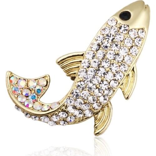 Black Austrian Crystal Fish Brooch Pins Rhinestone Animal Brooches for Women Suit Shirt Shawl Accessories Fashion Jewelry Gifts