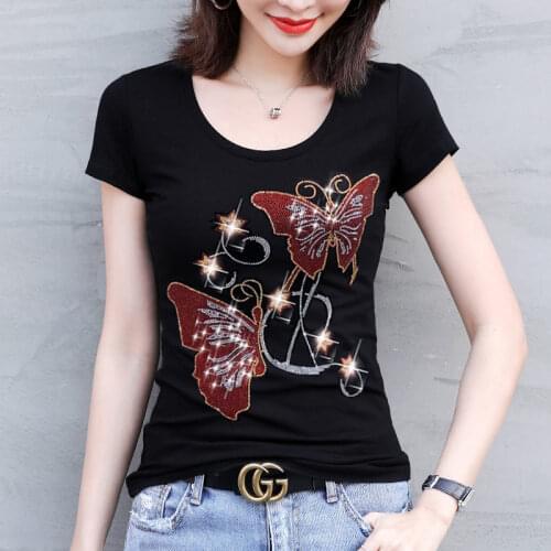 Woman 4XL 2021 Summer Diamonds butterfly Tshirt Women Rhinestone Lady T Shirt Camisetas Mujer Printing Womens T-Shirts black new