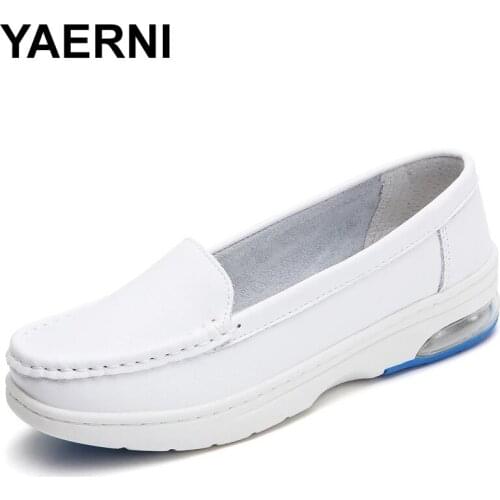 YAERNI Womens shoes spring leather air cushion breathable comfortable soft bottom air cushion increased hospital nurse shoes