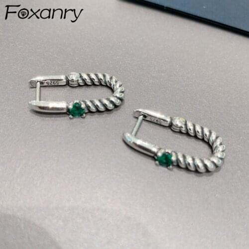 FOXANRY Prevent Allergy 925 Sterling Silver Stud Earrings for Women Fashion Vintage Simple Twist Green Zircon Party Jewelry Gift