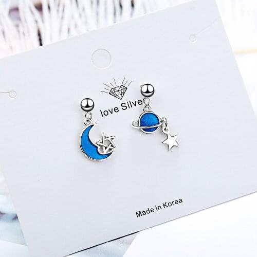 Cosmic Blue Planet Moon Star 925 Sterling Silver Stud Earrings For Women Girls Fashion Lovely Jewerly brincos