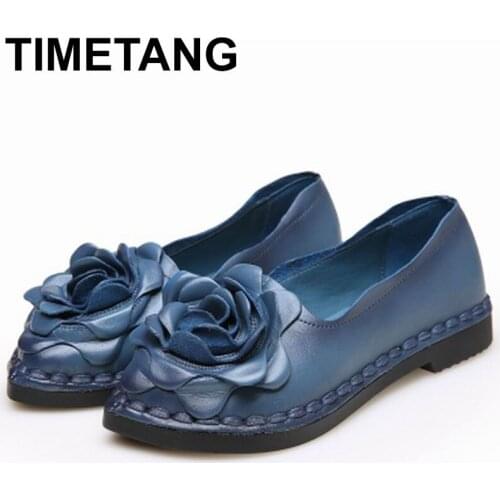 TIMETANG 2018 Shoe For Women Handmade Shoes Genuine Leather Soft Flower Flats Autumn Driving Shoes Pointed Toe Women Flats C222