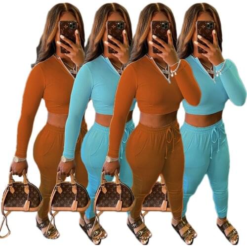 Zoctuo Zipper V Neck Full Sleeve Top And Pants Set For Women Solid Autumn Pant Suits 2 Piece Outfits Drawstring Trousers Sets