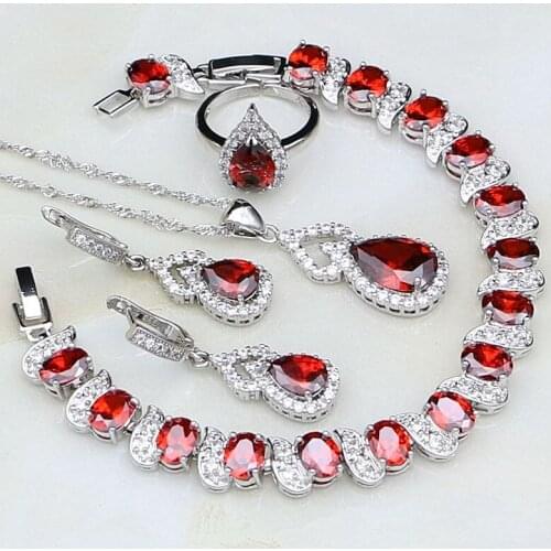 Gourd Red Garnet White CZ 925 Sterling Silver Jewelry Sets Adjustable Open Ring/Pendant/Necklace/Bracelet/Earring For Women
