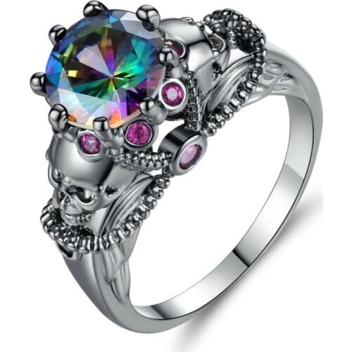 Skull Rainbow Women Jewelry Ring Size 6-9 Vintage Pattern Colorful Zircon Rings Women Wedding Jewelry Mystic retro style ring