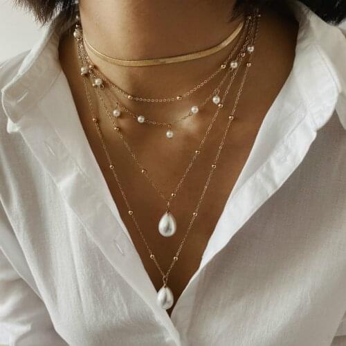 Fashion Simple Imitation Pearl Layered Necklace Women Gold Color Statement Temperament Long Pendants Necklaces 2020
