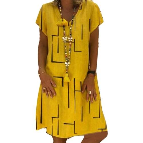 Hot Vintage Women Solid Color V Neck Short Sleeve Printed Loose Knee-length Dress Short Sleeve Printed Loose Knee-length Dress