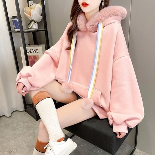 Zoki Winter Warm Women Hoodies Thick Sweet Faux Fur Hooded Wool Liner Loose Japan Girls Oversize Sweatshirt Casual Pink Tops
