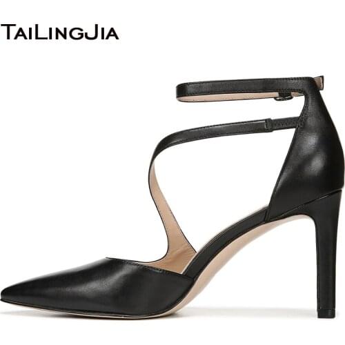 2021 Womens Pointed Toe High Heel Pumps Black PU Leather Stiltto High Heels Ladies Large Size Buckle Strap OL Shoes Party Shoe