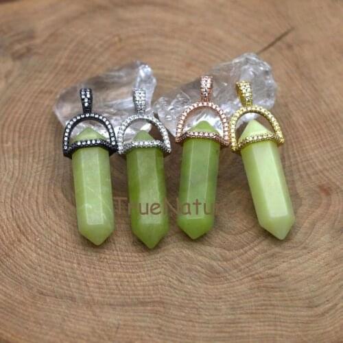 High Quality Apple Stone Point Double Terminated Green Stone Necklace Pendant Zircon Paved Caps Charm In 45*10 mm PM7406