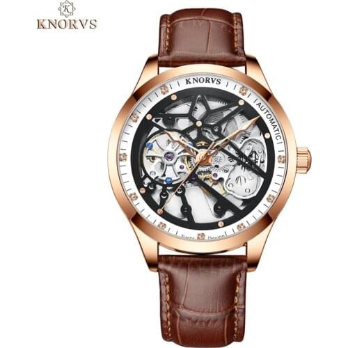 KNORVS Hollow Design Automatic Watches Mens Waterproof Top Brand Luxury Mechanical Skeleton Watch Male relojes para hombre