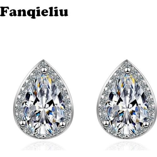 Fanqieliu Big Crystal Water-drop Zircon Stud Earrings Solid 925 Sterling Silver Earrings For Women Wedding Earring FQL20249