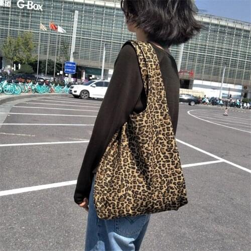 Women Canvas Shopping Bag Female Shoulder Bag Environmental Storage Handbag Reusable Foldable Eco Grocery Totes Leopard Print