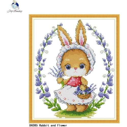 Rabbit and Flower Paintings Cross Stitch Printed Canvas DIY Hand Made Embroidery Sets for Needlework DMC Cotton Thread Crafts