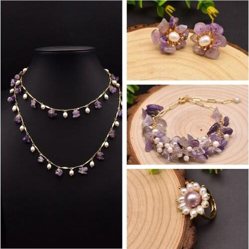 GLSEEVO Original Design Natural Freshwater Pearl Bracelet Earrings For Women Party Gifts Handmade Fashhion Jewelry Set GS0032