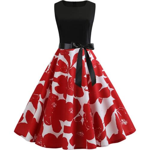 Summer Dresses Casual a line Floral Print Robe Vintage Rockabilly Dress Women Sexy Sleeveless Office Party Midi Dress Plus Size