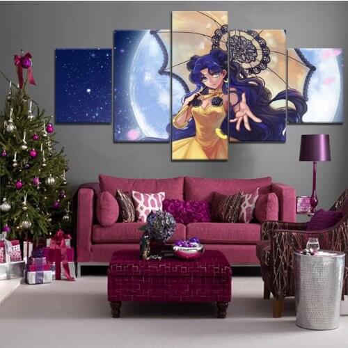 Wall Art Canvas 5 Pieces Prints Moon Girl Picture Animation Posters Framework Home Decor Modern Living Room Decoration Paintings