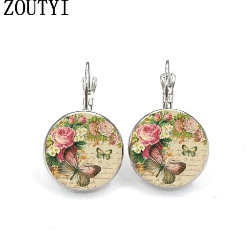 New/glamour fashion rose butterfly pattern photo, convex glass inlay earrings, feminine decoration