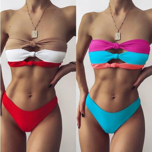 New Sexy Women Swimsuit High Waist Swimwear Women bathing suit Beach wear Solid color stitching ring split swimsuit bikini