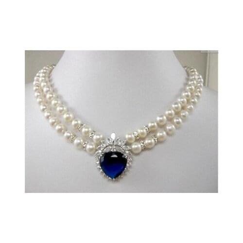 Wholesale New Fashion jewelry 2 row white pearl blue heart crystal Pendant Necklace