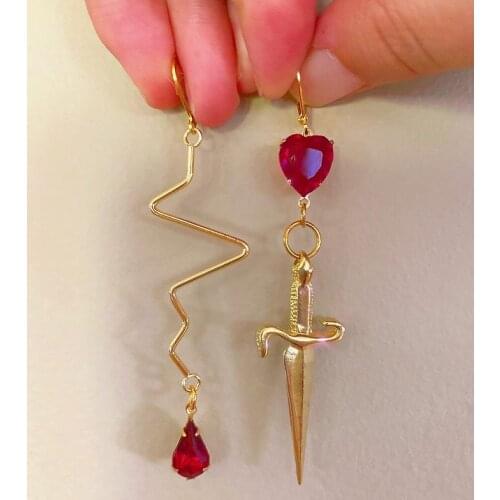 The Gold Plated Sword Red Heart Gem Statement Earrings