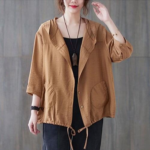Women Cotton Linen Outerwear Shirts New Arrival 2021 Summer Simple Style Loose Comfortable Female Hooded Casual Tops S3566