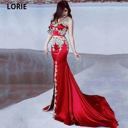 Two Piece Mermaid Prom Dresses 2021 V-Neck Appliques Court Train Satin Dubai Split Party Dress Arabic Evening Gown abendkleider