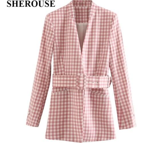 SHEROUSE 2021 Women Fashion With Belt Front Pockets Check Plaid Blazer Long Sleeve V-Neck Vintage Female Coats Chic Tops
