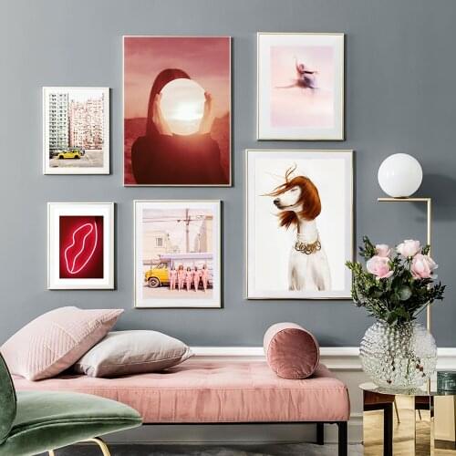 Modern Fashion Neon Face Kiss Canvas Posters Nordic Prints Paintings Pink Street Dog Wall Art Pictures For Living Room Decor