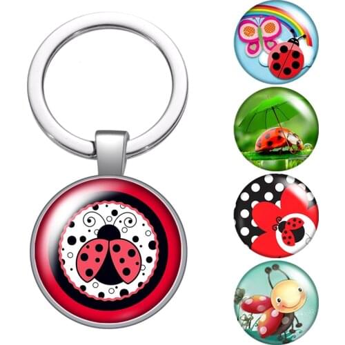 Love animals Ladybug insect glass cabochon keychain Bag Car key chain Ring Holder Charms silver color keychains for Women Gift