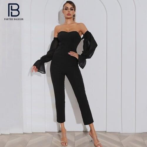 PB Stylish High Waist Button Design Black Jumpsuit Sexy Off Shoulder Long Sleeves Celebrity Party Club Free Shipping