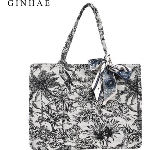 2021 Fashion Handbag Female Woven Canvas Embroidery Large Capacity Tote Bag Portable Shopping Bag Landscape Shape Shoulder Bag