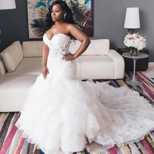 African Plus Size Wedding Dresses Sweetheart Lace Bodice Sweetheart vestido de novia Back Lace Up Mermaid Bridal Dress
