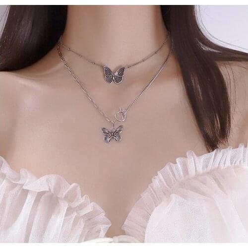 Retro Punk Women Double-deck Butterfly Necklace 2021 Simple Silver Color Design Clavicular Chain Trend Lady Street Party Jewelry