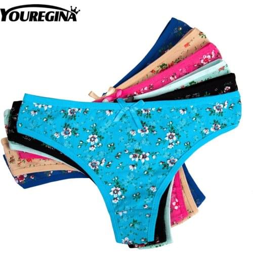 YOUREGINA Women Sexy Thongs G-Strings Cotton Bow Soft Underwear Floral Print Lady T-back Panties Low-waist Girl 6pcs/lot M-XL