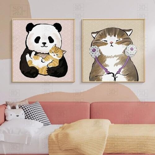 Funny Cartoon Animals Print Posters Panda Cat Dog Canvas Painting Nursery Kids Room Decor Wall Art Picture for Living Room